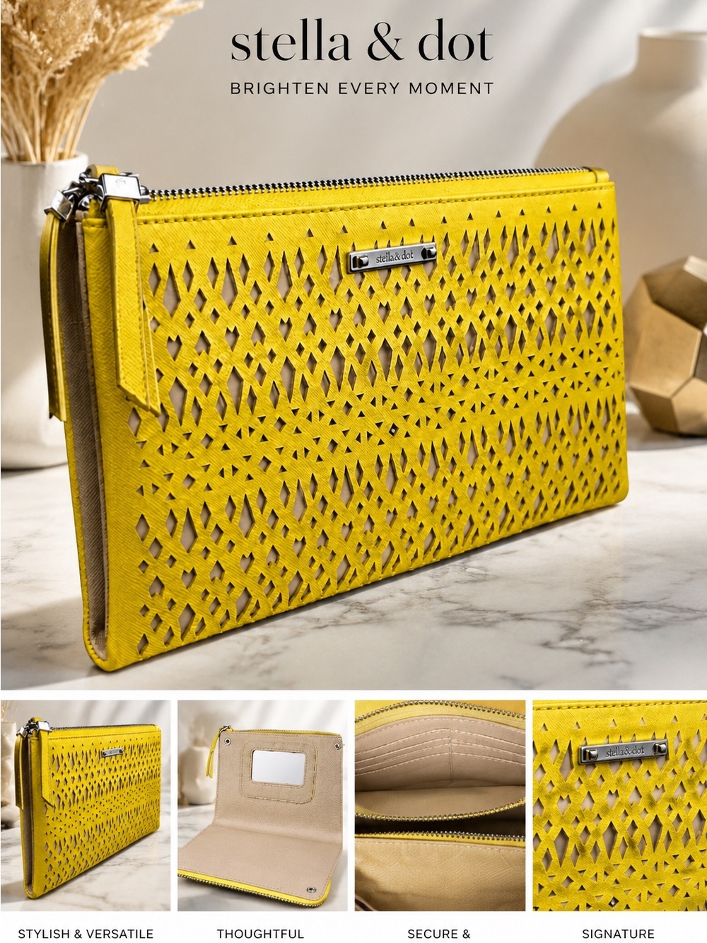 Stella & Dot Bright Yellow Laser-Cut Clutch